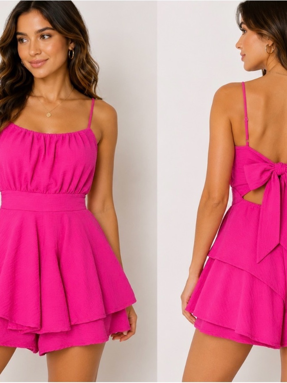 Vibrant fuchsia pink romper spaghetti straps gathered bodice fitted open back MD